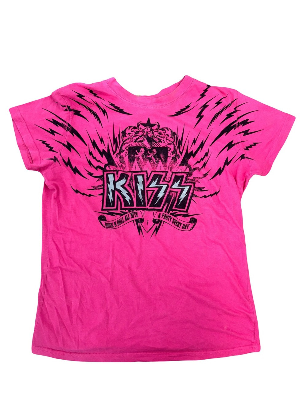 Y2K Kiss Bright Pink Lightning Logo Band Tee